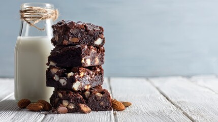 Indulge in these decadent almond brownies served with cold creamy milk, a perfect comfort treat for enjoying at home, baking, or sharing with friends