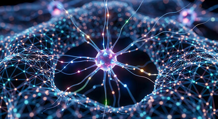 Conceptual neuron cell network with glowing connections in a neural system
