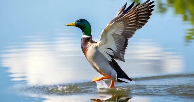 Male mallard duck taking off from water with wings spread