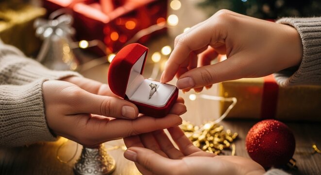 A romantic Christmas proposal scene with a person offering a diamond engagement ring in a red box. - Powered by Adobe