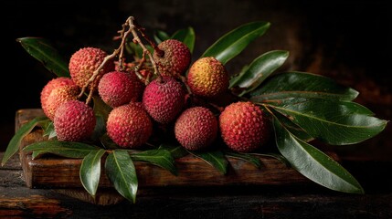 Fresh lychees on wood