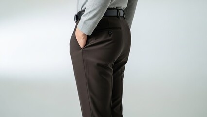 Men&rsquo;s Dark Brown Dress Pants Side-Back View ,Formal Trousers with Light Grey Shirt for Fashion Catalog and Apparel Showcase