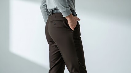 Men&rsquo;s Dark Brown Dress Pants Side-Back View ,Formal Trousers with Light Grey Shirt for Fashion Catalog and Apparel Showcase