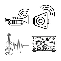 Music and sound line art icons showcasing trumpet, violin, speaker, and turntable for audio technology concepts.