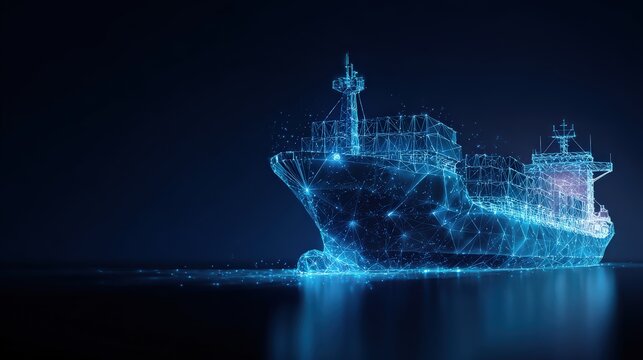 A high-tech digital rendering of a cargo ship glows with intricate detail. ..Created with Generative AI, not depicting real subjects.