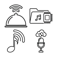 Digital media and wireless technology vector icons set: audio streaming, cloud recording, smart services, and data.