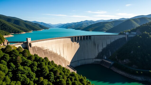 Concrete dam overlooking turquoise reservoir and forested mountains