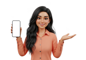 Smiling cartoon woman holding a smartphone with blank screen and presenting with hand isolated on transparent background