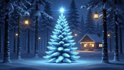 Snowy forest night with snowcovered tree, star, and cabin