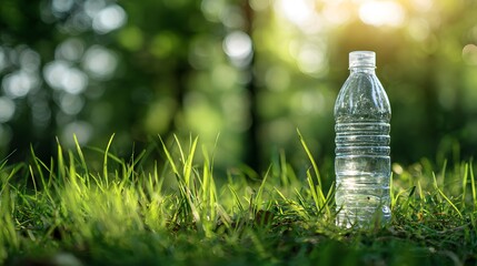 Clear plastic water bottle standing upright on vibrant green grass in a sunlit natural environment.