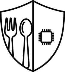 Concept of food safety and technology, represented by a shield with cutlery and a microchip, symbolizing secure and smart food systems