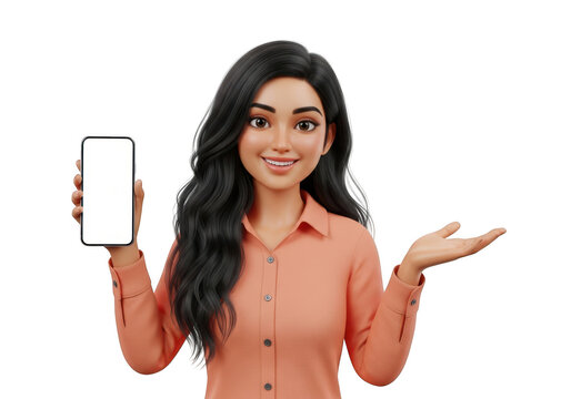Smiling cartoon woman holding a smartphone with blank screen and presenting with hand isolated on transparent background - Powered by Adobe