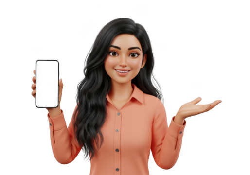 Smiling cartoon woman holding a smartphone with blank screen and presenting with hand isolated on transparent background