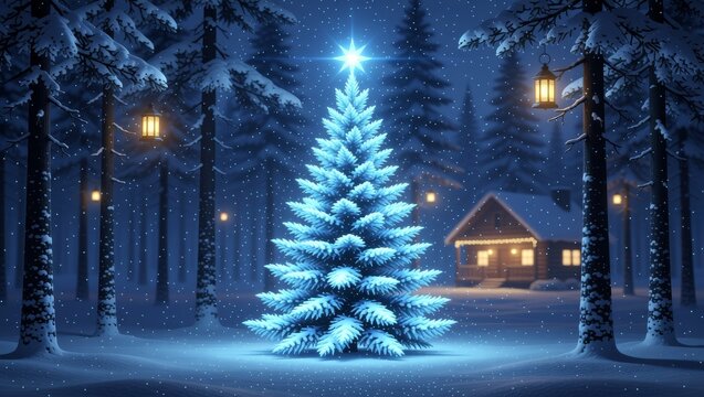 Snowy forest night with snowcovered tree, star, and cabin - Powered by Adobe