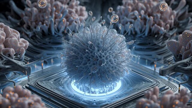 A small, glowing blue and white object with a green stem. Macro shot receptor gate opening upon correct therapeutic docking, futuristic fine detail sharp clarity, receptor targeted treatment