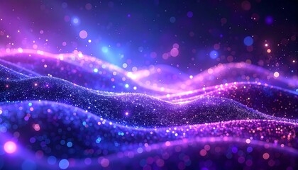 An abstract, glowing digital artwork featuring undulating, pixelated waves in shades of purple and blue, with sparkling bokeh effects