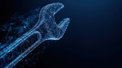 A digital wrench rendered in glowing lines, set against a dark, futuristic backdrop, symbolizing the tools of modern tech. ..Created with Generative AI, not depicting real subjects.