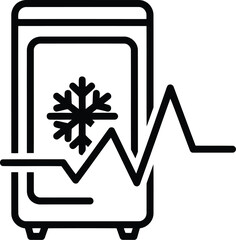 Line icon of a refrigerator or freezer with a snowflake and a fluctuating graph, symbolizing temperature monitoring, cooling system performance, and appliance status