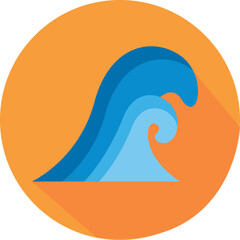 Stylized Blue Wave Cresting Against a Solid Orange Circle With Long Shadow Effect Representing Ocean Power And Nature Abstract Design