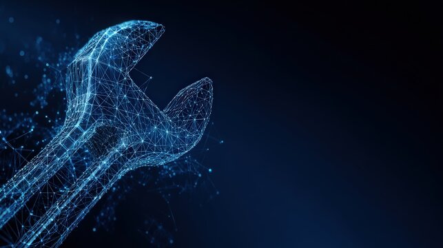 A digitally rendered wrench, constructed from glowing blue particles, floats against a sleek, dark background. ..Created with Generative AI, not depicting real subjects.