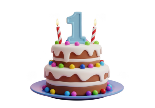 Two-tiered cartoon birthday cake with a '1' candle and festive candies isolated on transparent background - Powered by Adobe