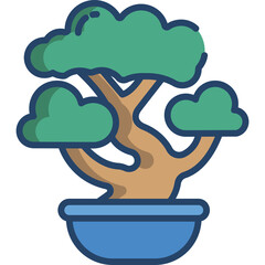 Stylized Bonsai Tree in a Blue Pot with Green Leaves and Brown Trunk Minimalist Illustration with Transparent Background