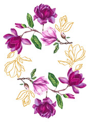 Watercolor bouquet magnolia and gold decorative wreath frame isolated on white. Luxury flower for cards, invitations, crapbooking, and playful seasonal designs.