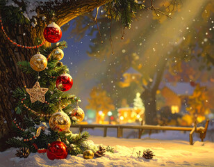 Festive Christmas tree branch with red and gold ornaments in winter snow, radiating joyful holiday spirit. Gentle light illuminates falling flakes over blurred village background