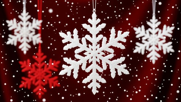 Hanging snowflake ornaments against red background - Powered by Adobe