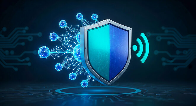 Cybersecurity digital data network protection with security shield and wifi signal