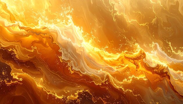 An abstract image featuring swirling golden and amber hues, evoking a sense of fire, energy, and flowing forms. Detailed textures and light effects