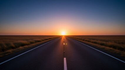 Sunset over open highway with grassy plains