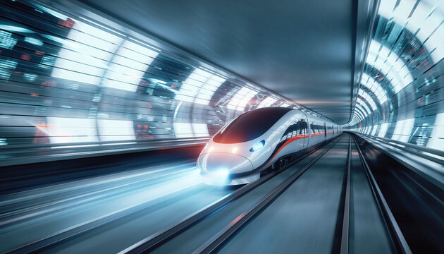 Speeding Train Through Tunnel: A high-speed train streaks through a modern tunnel, its sleek design and advanced engineering conveying progress and innovation.