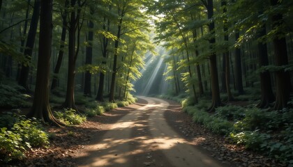 Sunlit dirt forest path with tall green trees