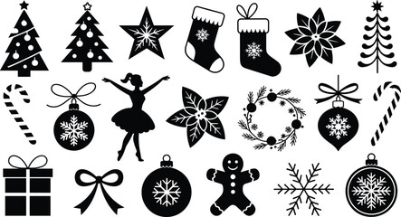 Christmas icon set, black and white vector, festive symbols, holiday decorations, snowflakes, trees, ornaments, gifts, candy canes, seasonal silhouette design