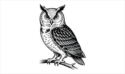 Vintage Great Horned Owl Engraving Vector Illustration