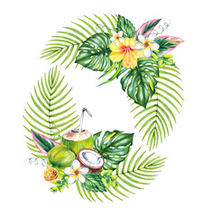 watercolor wreath featuring summer flowers, butterflies, and hibiscus. Perfect for cards, packaging, scrapbooking, and playful seasonal designs. Bright and cheerful summer vibe