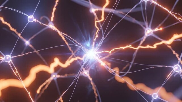 Glowing neuron network animation, nerve synapse signals flowing, science tech video
