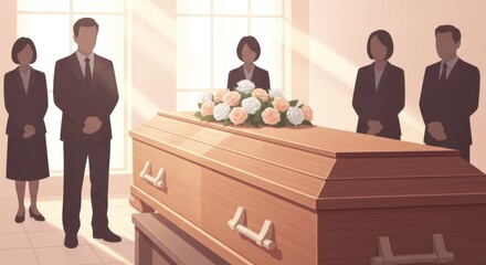 Gentle illustrated funeral scene with floral coffin in soft light and muted mourners in background, warm respectful commemorative tone

