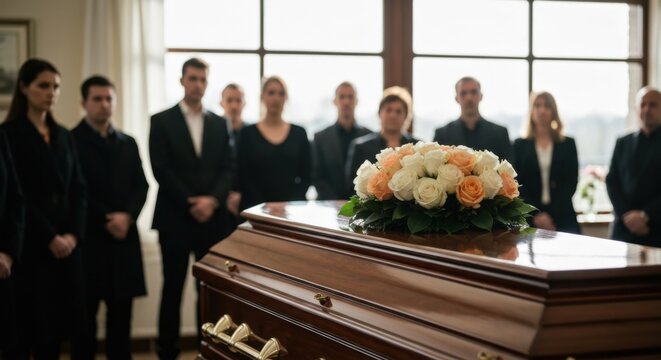Wooden coffin with white and peach roses in soft natural light, blurred mourners in dark clothing behind, calm respectful funeral atmosphere

