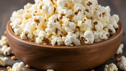 Close-up shot of a wooden bowl filled with fluffy, freshly popped popcorn, ready to eat.