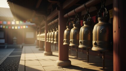 Bronze temple bells hanging in traditional courtyard