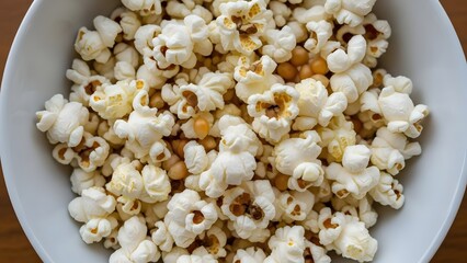 A close-up overhead view of a simple white bowl filled with freshly made popcorn.