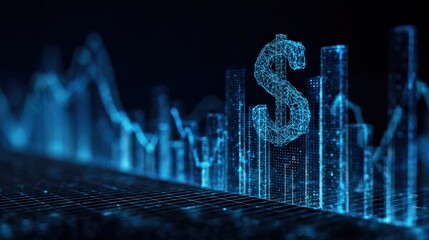 The dollar sign symbol shines amidst a dynamic display of financial graphs and charts. ..Created with Generative AI, not depicting real subjects.