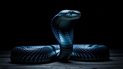 Cobra poised on dark wooden surface