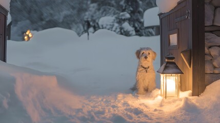 Dog Waiting at a Snowy Village Gate in Warm Evening Light