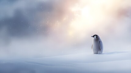 Small Penguin Facing the Sun in a Gentle Snowstorm