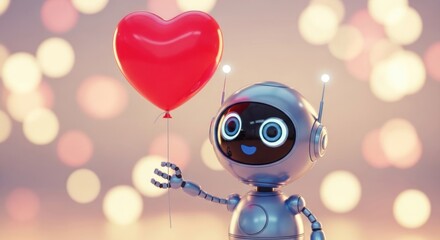 Futuristic love: a robot tenderly holds a heart-shaped balloon against a bokeh backdrop