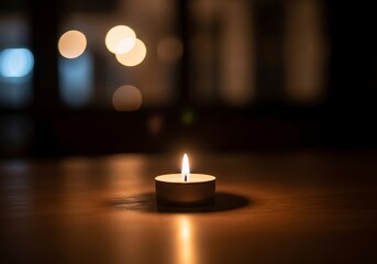 Glowing candle flame illuminating warm brown hues with bokeh background