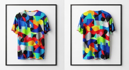 Geometric abstract patterned t-shirts, framed and presented on a white wall, showcasing modern